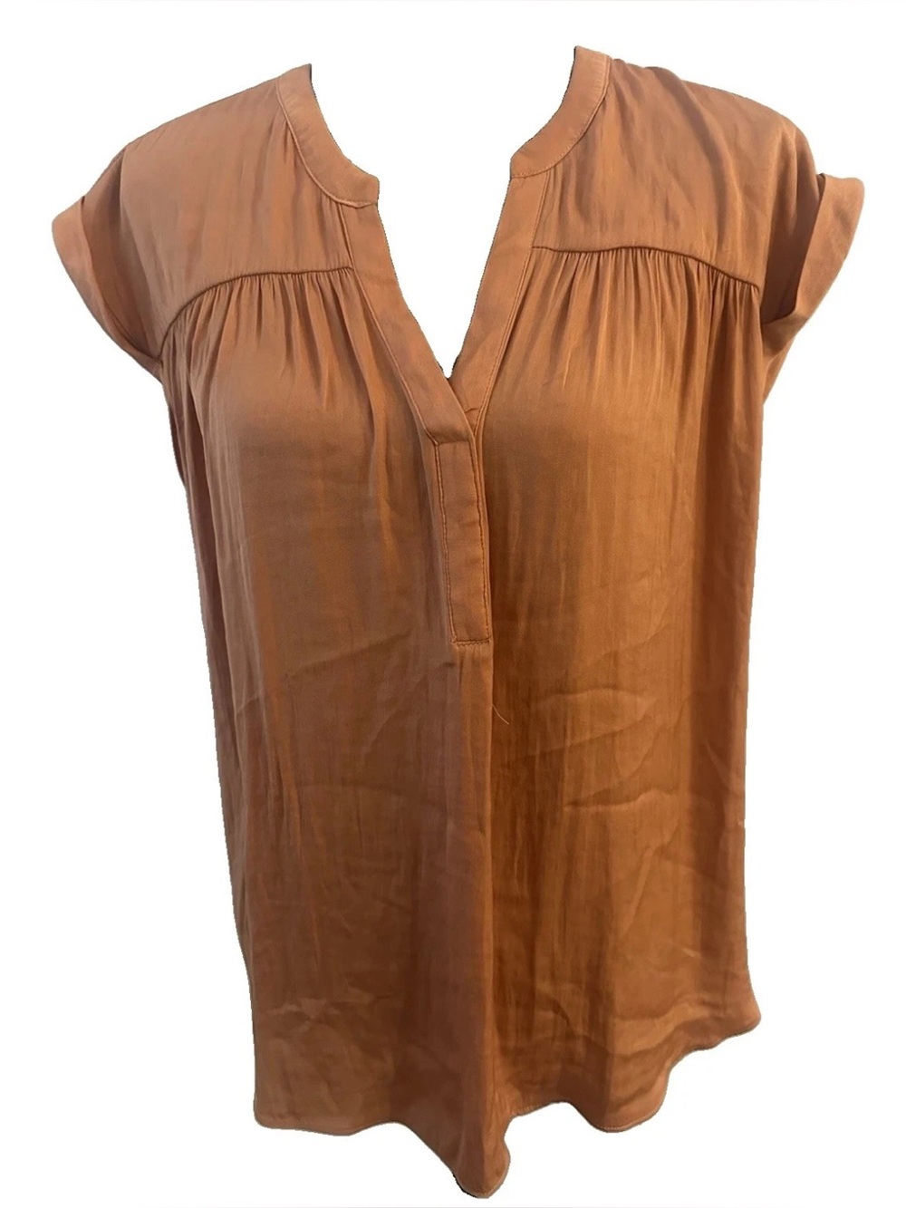 Maison d Amelie Tunic Top Womens XL Rust Orange Brown Satin Crinkle Shirt